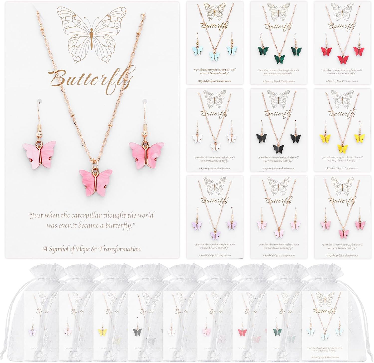 Kingdder 27 Pcs Butterfly Necklace and Earrings Bulk Jewelry Set for Women Girls Summer Party Favors Colorful Acrylic Pendant Butterfly Gifts for Birthday Party