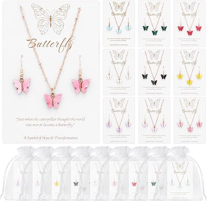 Kingdder 27 Pcs Butterfly Necklace and Earrings Bulk Jewelry Set for Women Girls Summer Party Favors Colorful Acrylic Pendant Butterfly Gifts for Birthday Party