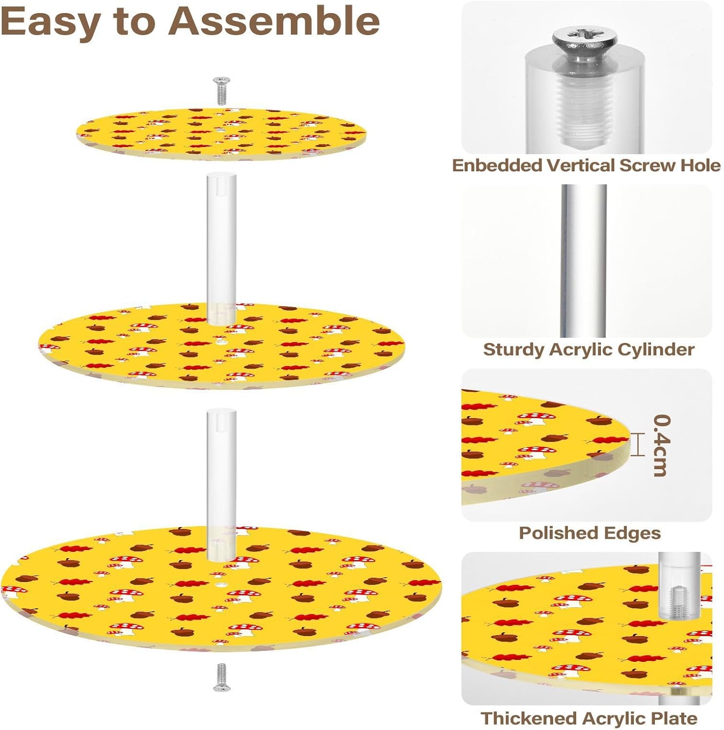 Autumn Fall Mushroom Acorn Thanksgiving 3 Tier Acrylic Cupcake Stand, Cupcake Stand for 34 Cupcakes for Weddings, Christmas,Holidays,Parties,Birthday,Printed Cupcake Tower 23302022