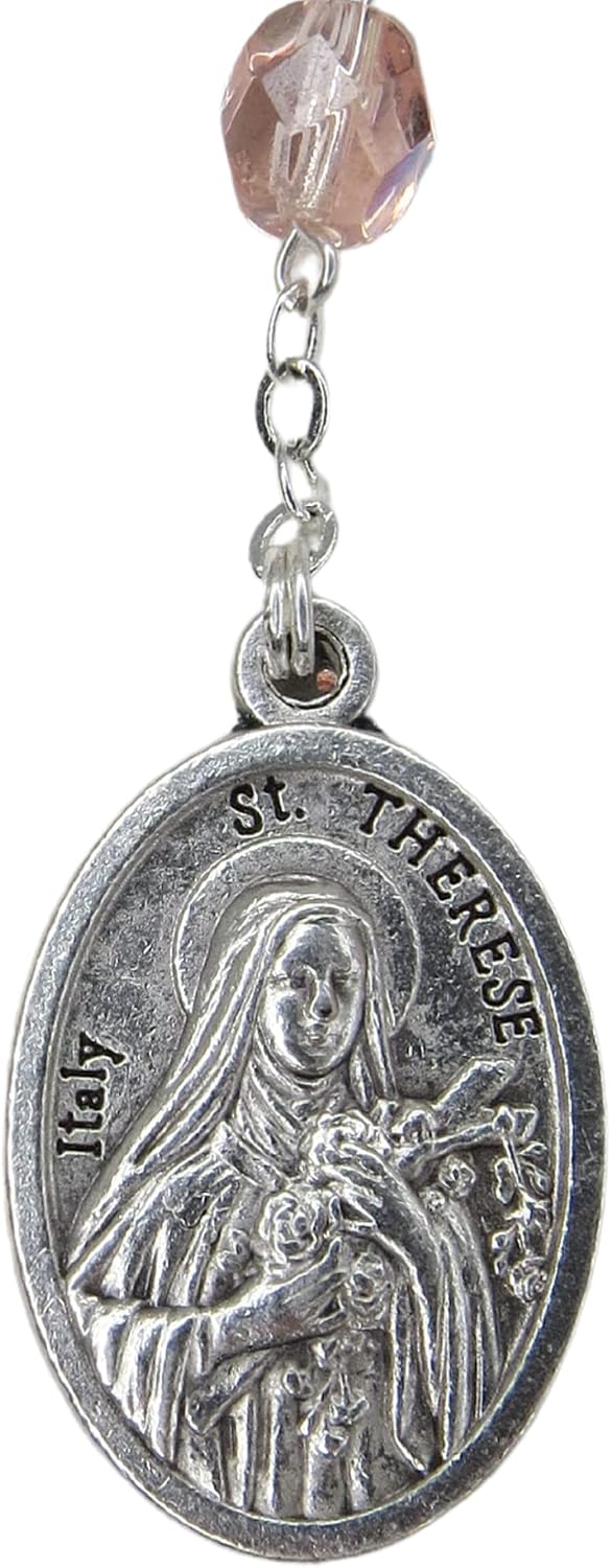 Needzo Pocket Prayers and Rosaries, Saint Therese Chaplet with Pink Clear Crystal Beads and Silver Tone Medal, Catholic Prayer Card and Rosary Gift Set, 5.75 Inches