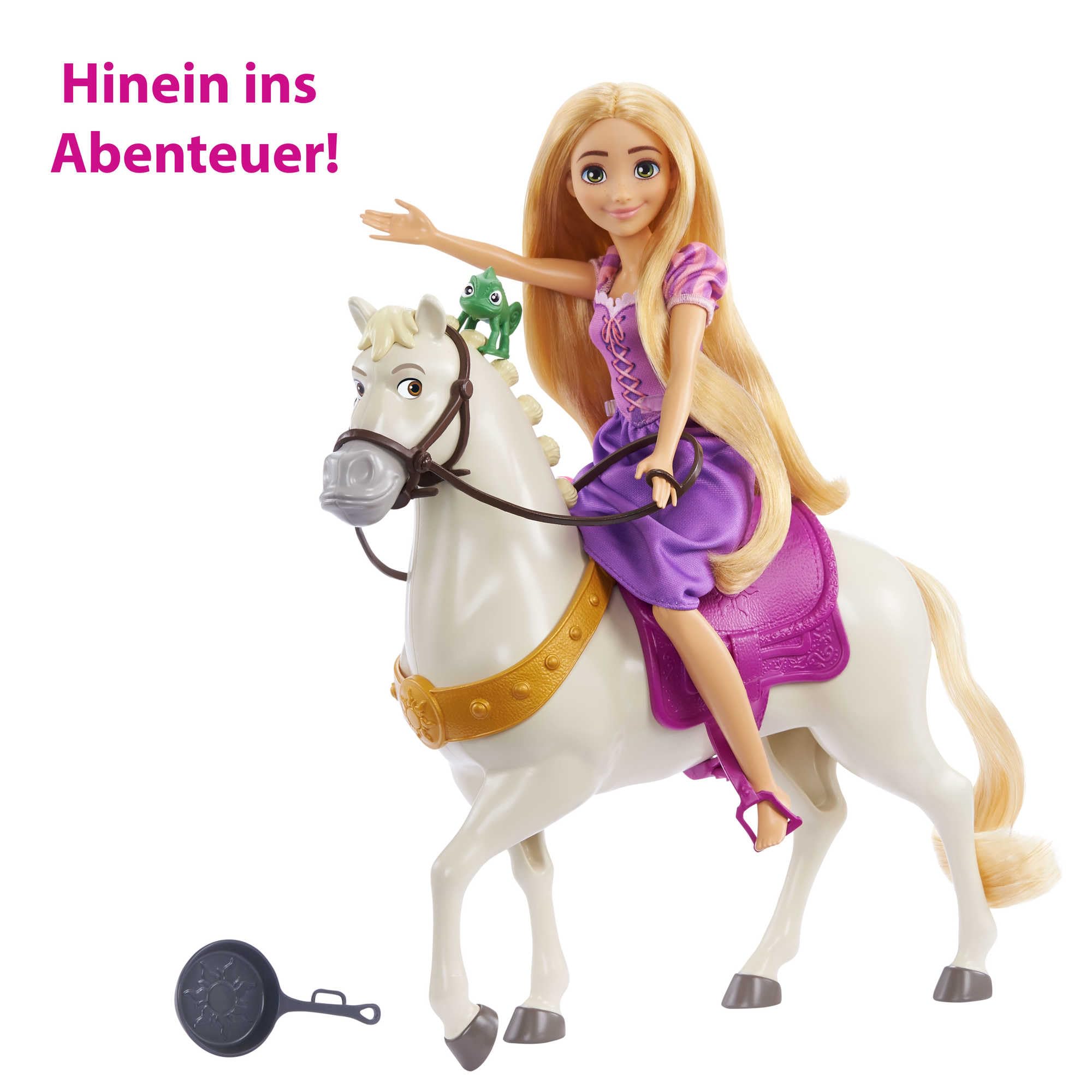 Mattel DISNEY PRINZESSIN Rapunzel & Maximus - Puppe und Pferd mit abnehmbarem Sattel und Zügeln, inklusive Pascal-Figur und Bratpfannen-Bürste für Frisuren-Spaß, HLW23