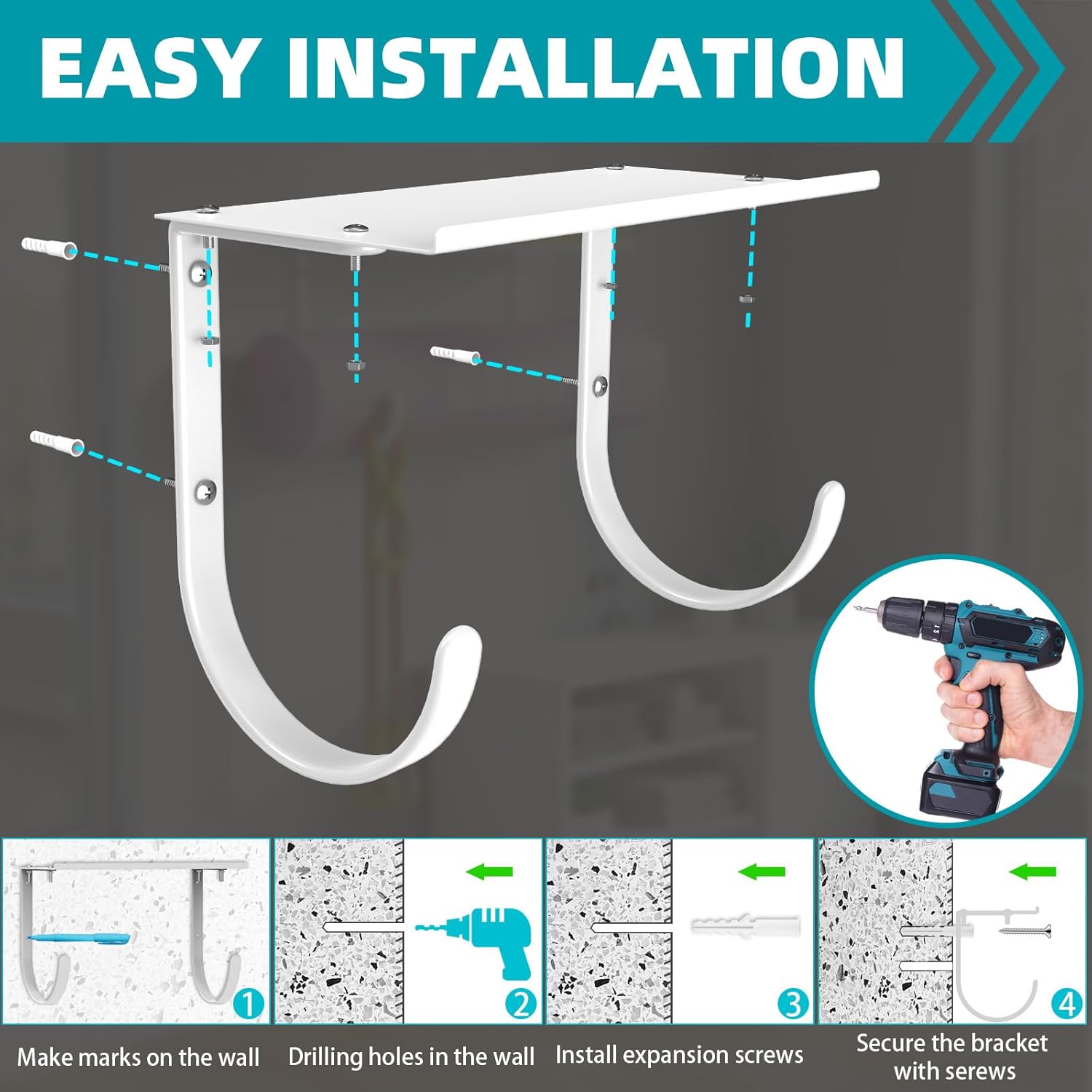 Yoga Mat Holder Wall Mount, No-Tie Pilates Mat Storage Rack with Top Floating Shelf, 4-Tiers Holding Yoga Blocks/Rollers and Exercise Mat, Workout Mat, Home Gym Equipment Accessories