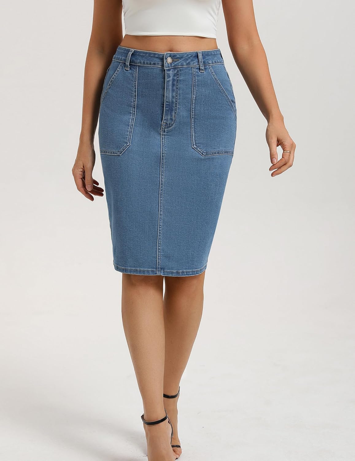 Belle Poque Women's Denim Skirt Stretchy High Waisted Below Knee Length Jean Skirt with Pockets Spring Summer Trendy 2026 - Image 5