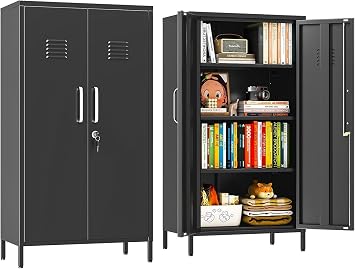 erosoei 47.24" H Metal Locker Storage Cabinet, Office Locker with 3 Adjustable Shelves, Steel Cabinet with 2 Doors, High Leg Organizer for Home Office, Kitchen, Living Room, Bedroom and Bathroom.