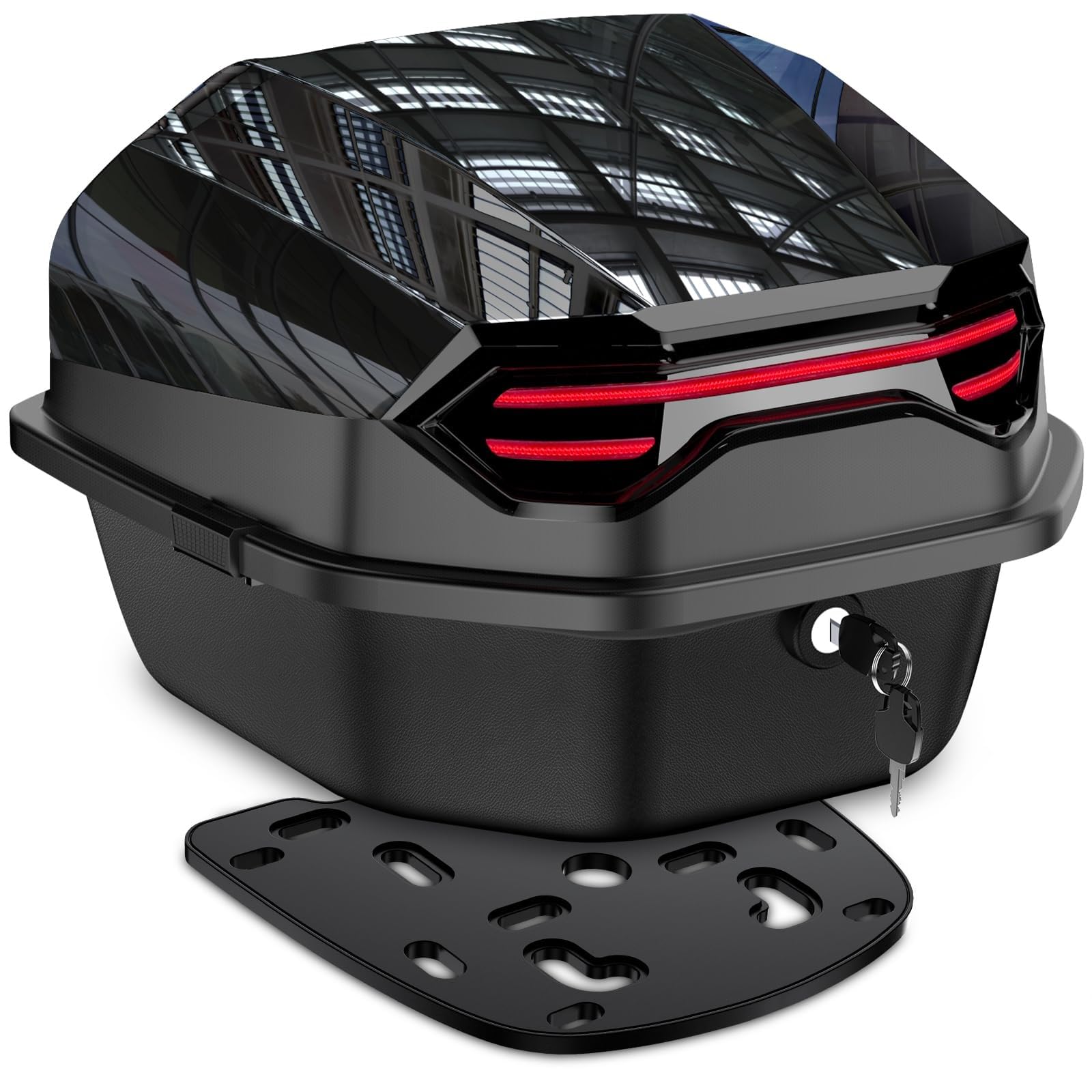 THE WHITE SHOP Motorcycle Top Case, Motorcycle Tour Tail Box Scooter Trunk Luggage Top Lock Storage Lockable Water-proof Carrier Plastic Case with Mounting Hardware - 35L Capacity BLACK