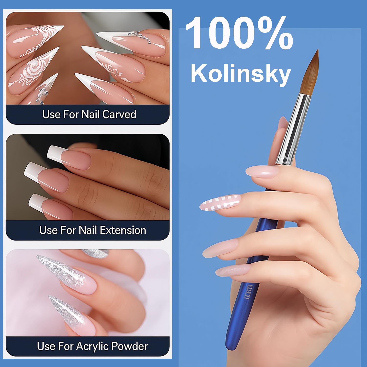 100% Pure Kolinsky Hair Acrylic Nail Art Brushes – Oval Crimped Tip for Acrylic Powder, Gradient Blue Metal Handle, Professional Nail Art Brush for Salon & DIY(#16)