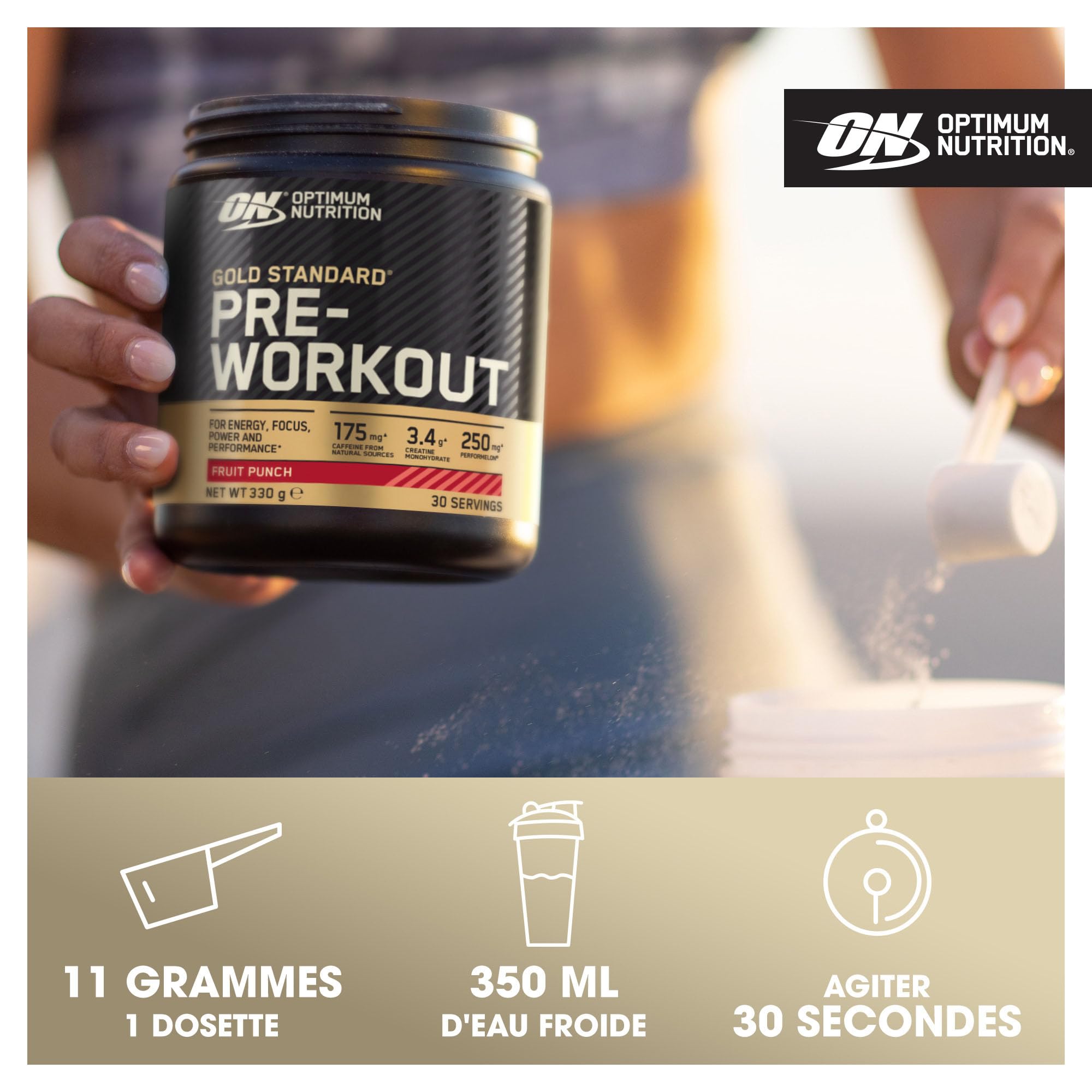 Optimum Nutrition Gold Standard Pre-Workout en Poudre, Boisson Énergétique Goût Fruit Punch, 330g, 30 Doses