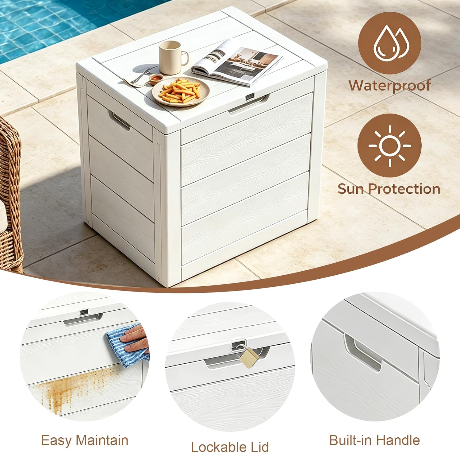 35 Gallon Deck Box, Lockable Waterproof Resin Storage Box for Patio, Indoor & Outdoor Use, for Cushions, Accessories, Package Delivery & Garden Tools (White)