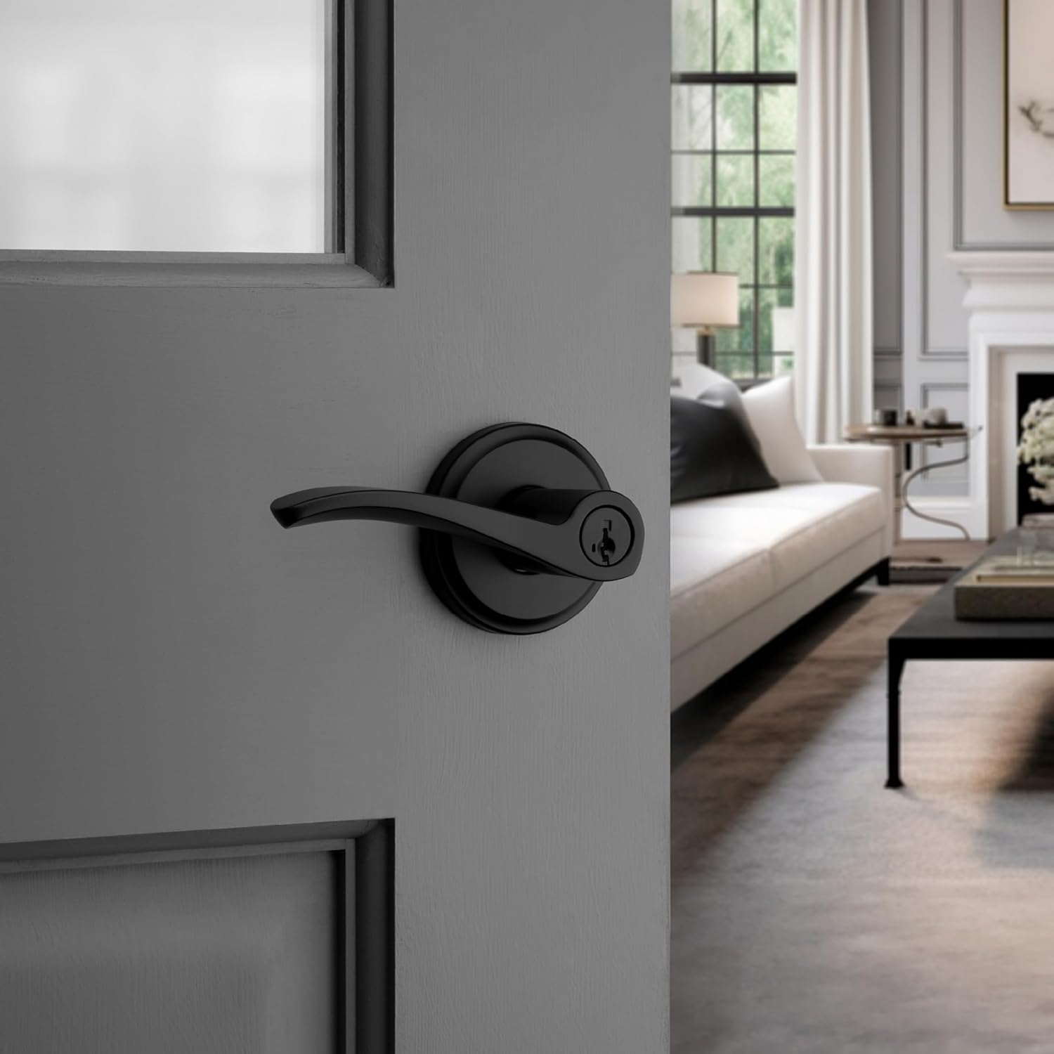 Kwikset Sedona Entry Door Handle with Lock and Key, Secure Keyed Reversible Lever Exterior, for Front Entrance and Bedrooms, Matte Black, Pick Resistant Smartkey Rekey Security and Microban