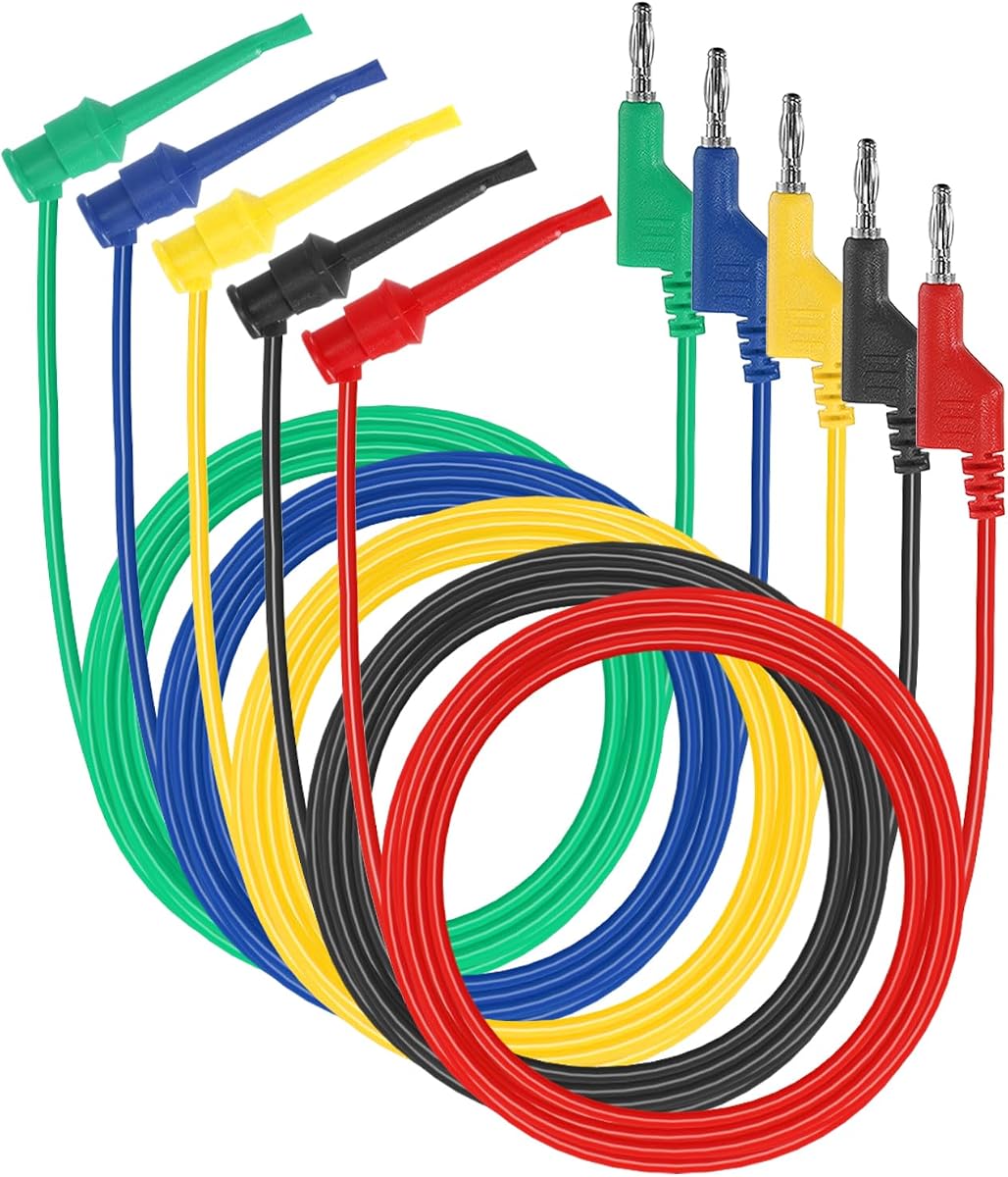 Sumnacon 5Pcs Stackable Banana Plug to Test Hook Wire Cable Kit, 6.6Ft/2M | 500V/5A Flexible Wire Leads for Electrical Testing,Multimeter Test Lead Set with Protective