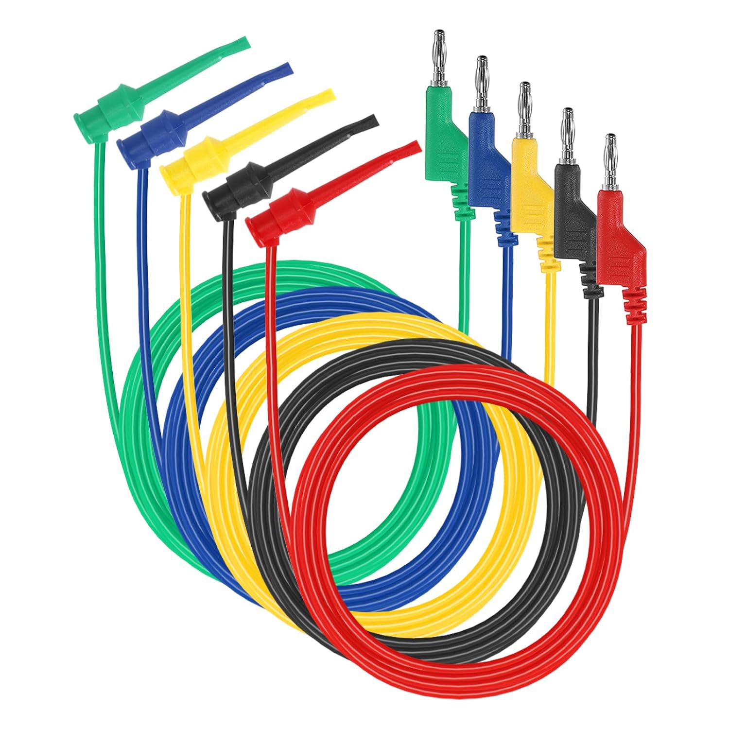 Sumnacon 5Pcs Stackable Banana Plug to Test Hook Wire Cable Kit, 6.6Ft/2M | 500V/5A Flexible Wire Leads for Electrical Testing,Multimeter Test Lead Set with Protective