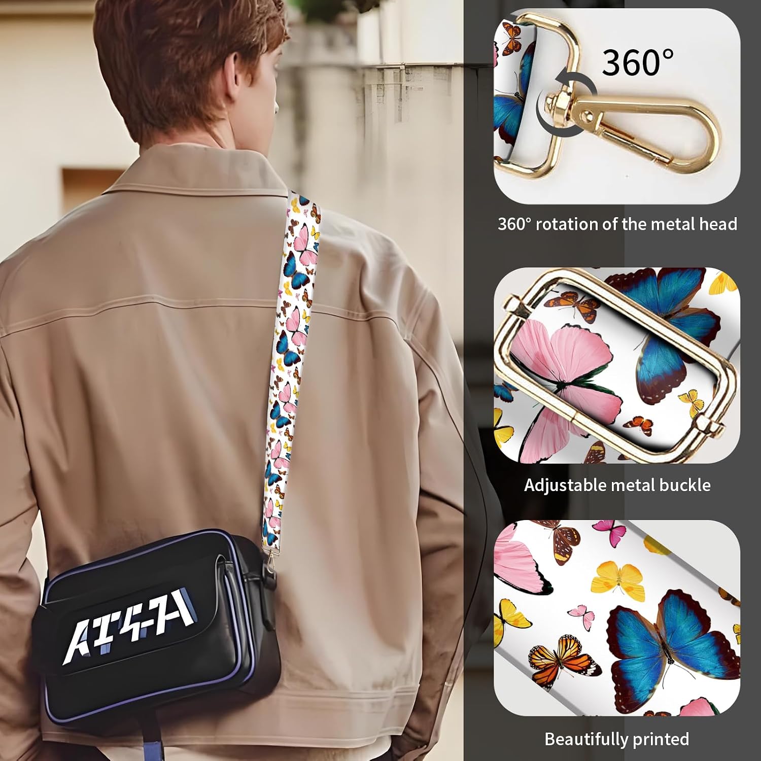 Purse Strap Replacement Crossbody 1.5 Inches Wide, Gold Buckle Guitar Style Shoulder Bag Straps Adjustable for Women Men Handbags Colorful Butterfly