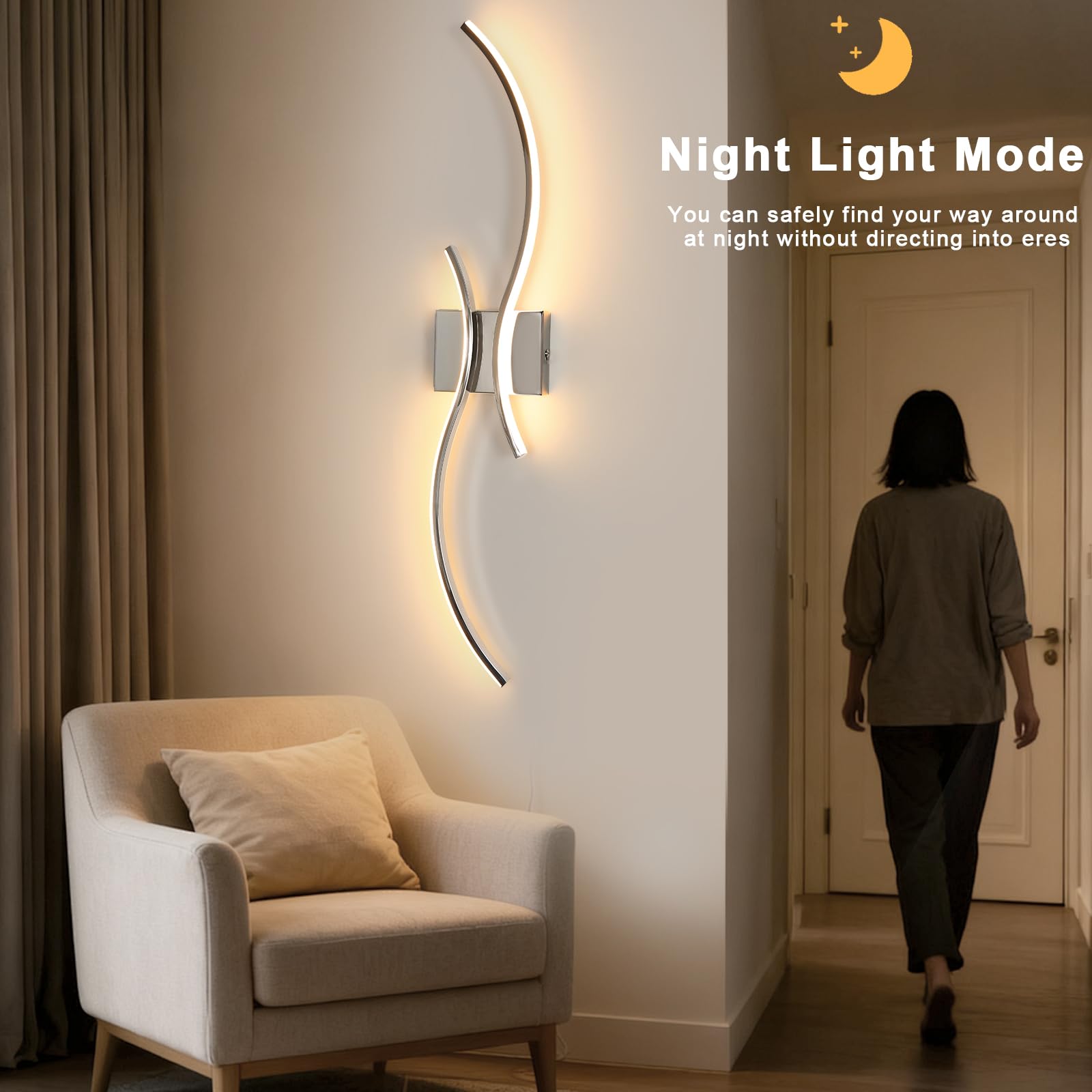 Comely Wewnętrzny Kinkiet LED, 32W Światło Liniowa Lampa Ścienna, Nowoczesne Aluminiowe Kinkiety Regulowane Z Pilotem Do Sypialni Korytarza Salonu Schodów (Chrom, 80CM)