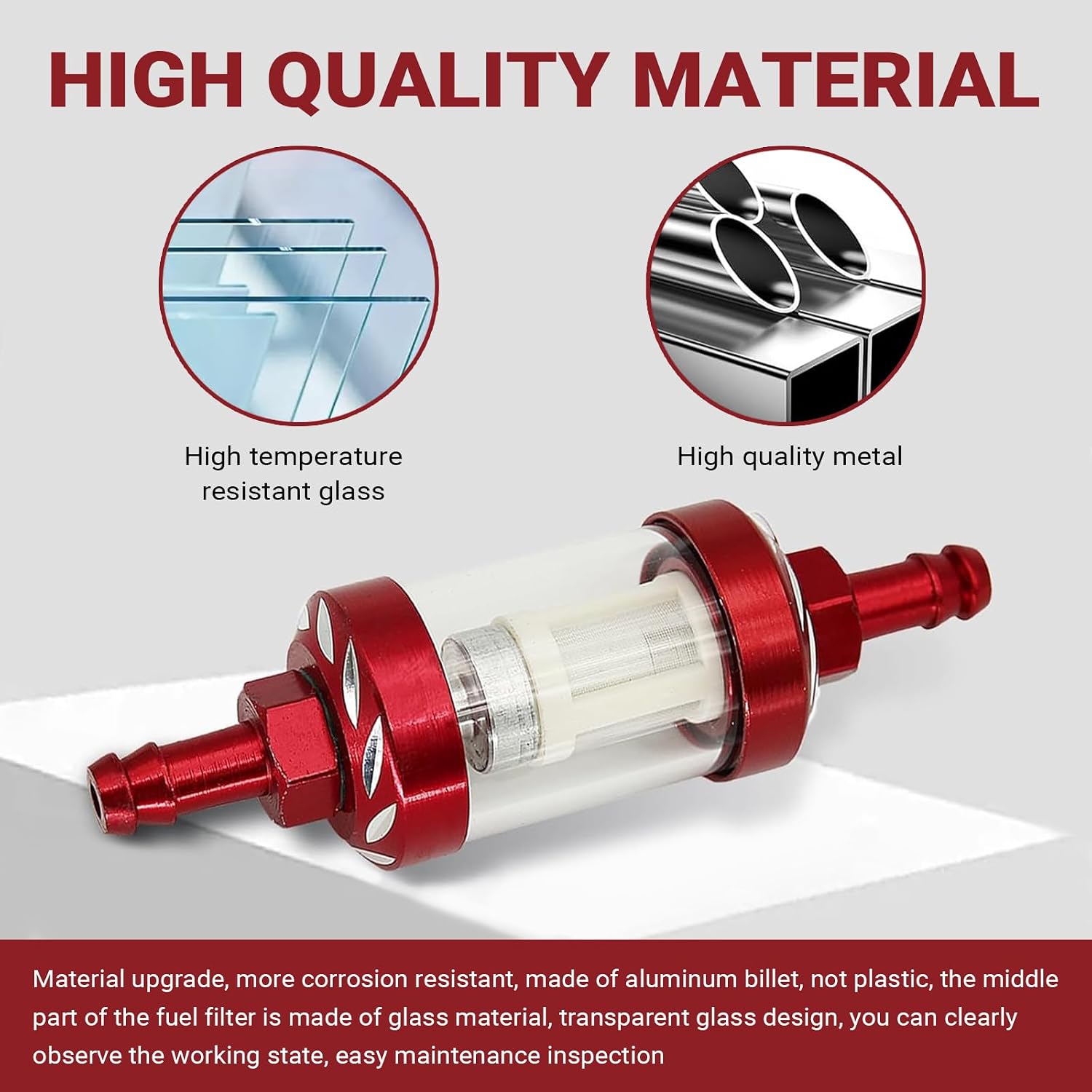 Motorcycles Fuel Filter, 1/4" Inline Fuel Filters, Transparent Tempered Glass Alloy Oil Filter Cup, Universal for Motorcycles, ATV, Dirt bike (Red)