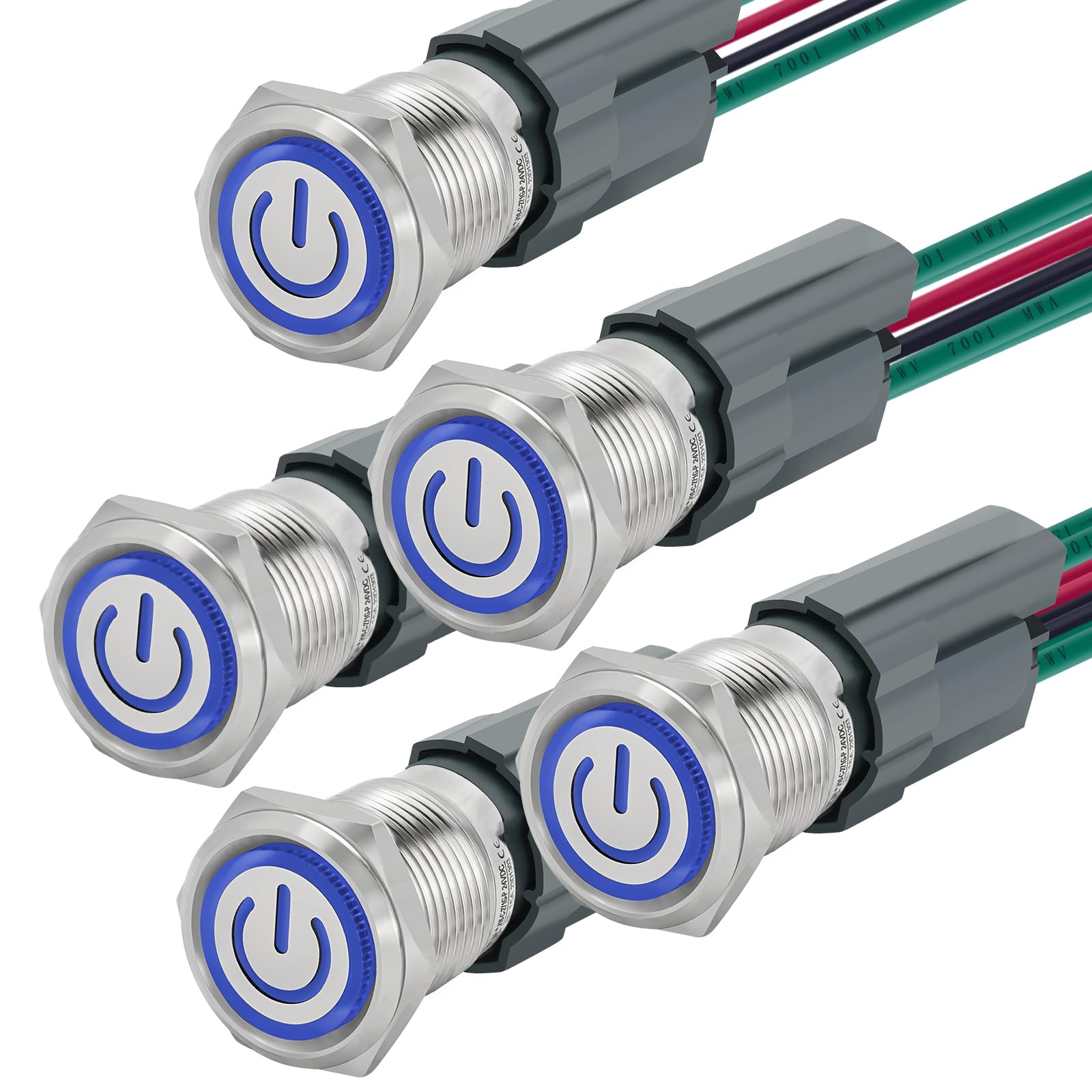 UL Listed 5Pcs 15Amp 16mm 110V-120V AC/DC Latching Push Button Switch IP67 Waterproof SPST with Blue LED Light On Off 304-Stainless Steel with Wire