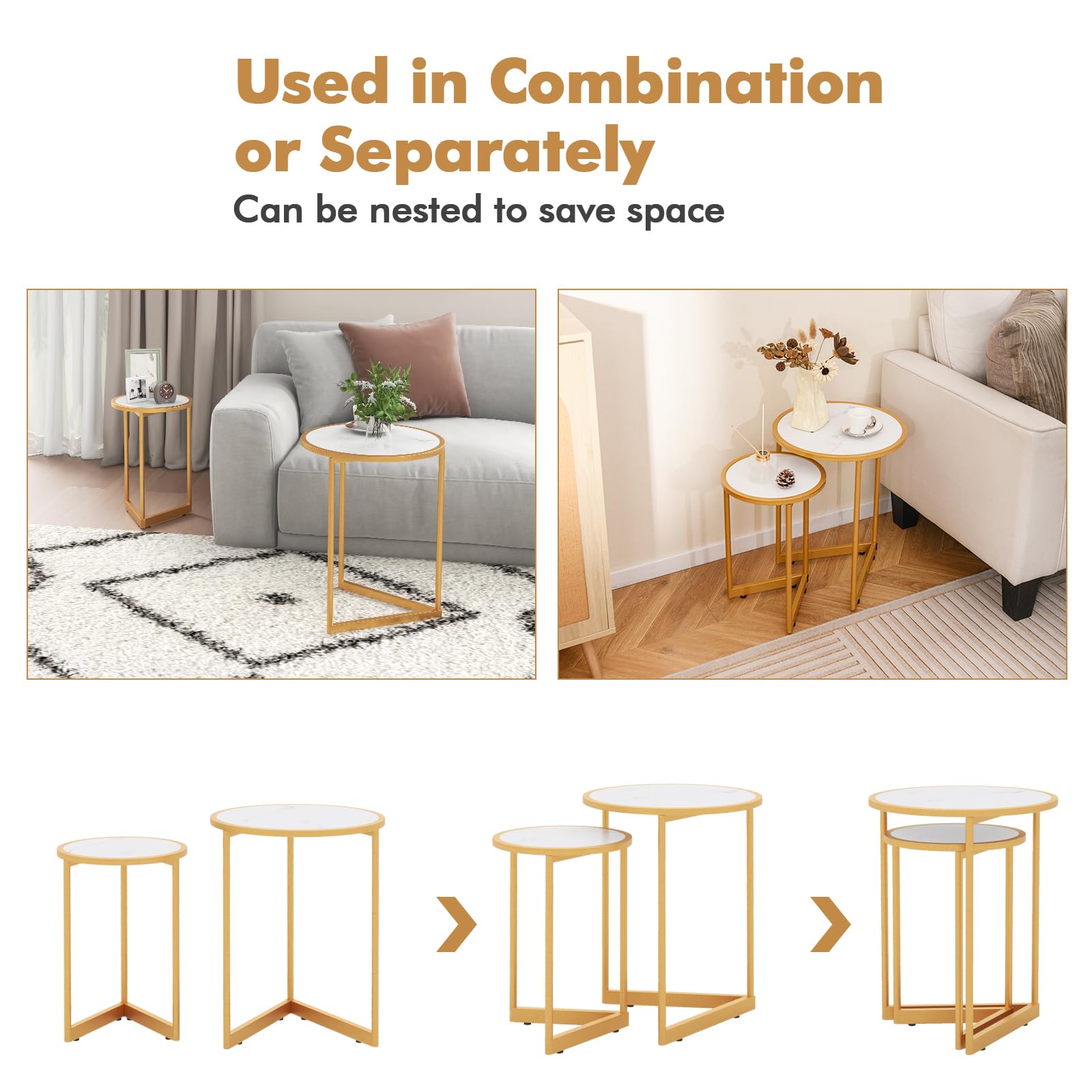 LIFEZEAL Set di 2 Tavolini da Salotto, Rotondo, Sovrapponibile, Oro, Bianco, Effetto di Marmo, Tavolino da Caffè, Tavolino Basso Laterale, Tavolino Lato Divano, Legno+Metallo, Moderno, Soggiorno
