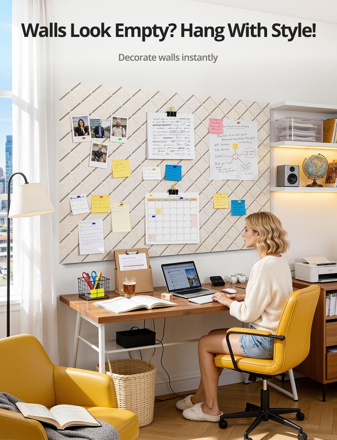 Kuchoow Bulletin Cork Board Large 47.2" x 35.4" Felt Notice Pinboard for Office Walls & Home, Self Adhesive 12 Pack Beige Decorative Bulletin Mood Board Corkboard for for Bedroom, Display, Memo, Photo