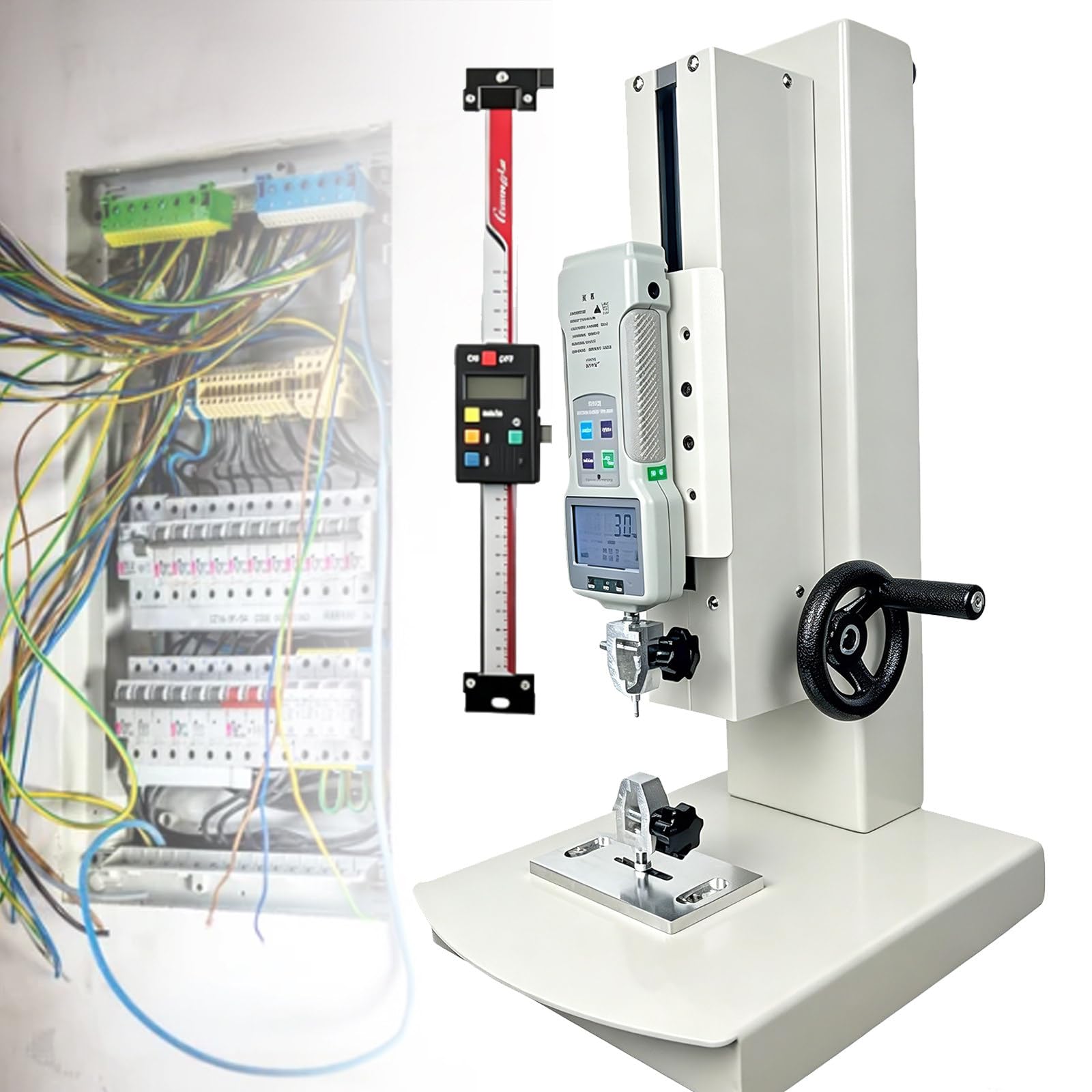 Osnzyc Manual Digital Pull Force Tester, Hand Crank Vertical Tensile Test Bench, For Laboratory Tension, pressure, destructive Testing,Hand Wheel Operated, With 5 Probes,2 Testing Clamp WithRuler-20N