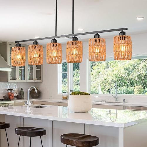 Miniatura 9 de Iluminación de isla de cocina de ratán, candelabro costero bohemio, lámpara colgante rústica de 4 luces para comedor, altura ajustable, luces