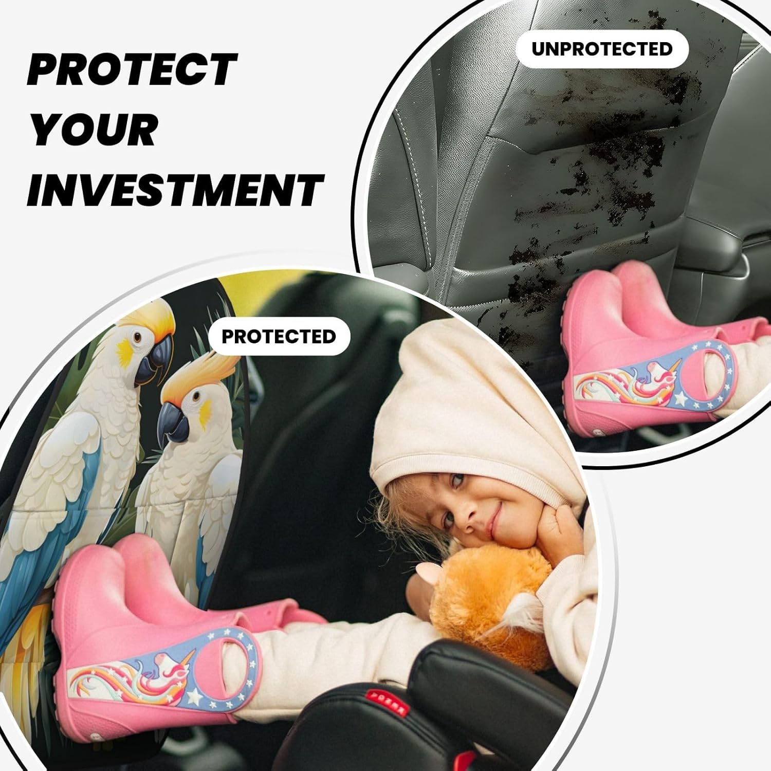 Car Seat Back Kick Protector 2 Pack 18.5x26.4 Inch, Cartoon Cockatoo Tropical Leaves Anti-Kick Pad, Waterproof Oxford Fabric Large Rear Seat Cover for Kids Pets Fits SUV Jeep Truck Sedan