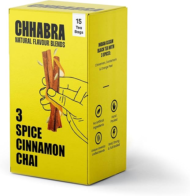 Chhabra Chai | 3 Spice Cinnamon Chai | Bold & Unique Masala Chai Blends | Cinnamon, Car damom and Orange Peel | Natural & Sugar Free | 15 Premium Tea Bags