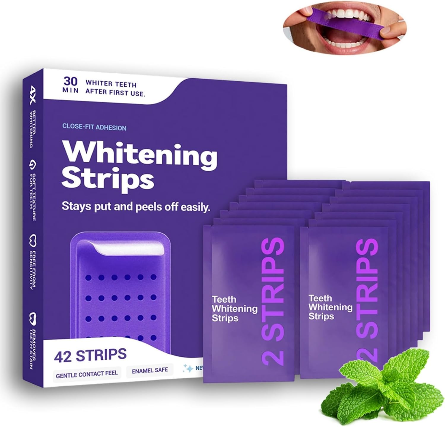 Purple Teeth Whitening Strips, Enamel Safe for Sensitive Teeth, Effective Color Correction, Portable Tooth Care for Home and Travel (42 Strips)