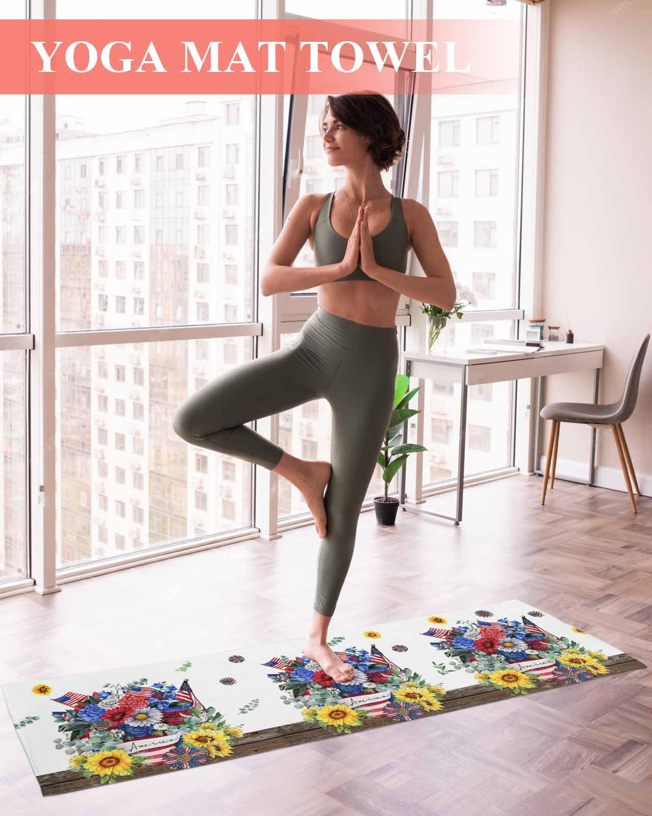 BOSIJOY Yoga Mat Towel,Independence Day Patriotic Flower Eucalyptus Leaf Non Slip Sweat Absorbent Hot Yoga Towels with Corner Pockets,USA Flag Wood Soft Microfiber Towel for Pilates Bikram 74