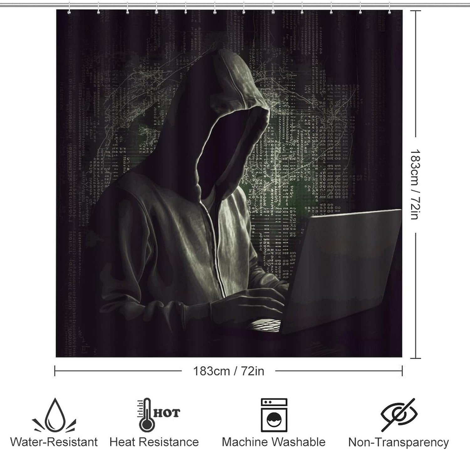 Hacker Shower Curtains Set 4 Piece with Non-Slip Rugs, Toilet Lid Cover and Bath Mat Soft Bathroom Carpet Waterproof Bathroom Curtain with 12 Hooks for Bathroom Decor