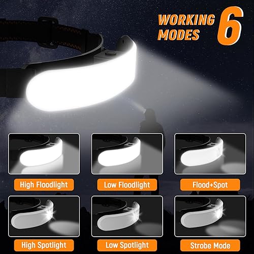 Miniatura 3 de Linterna frontal recargable de alto lúmenes, haz ancho de 230 de 1800 lúmenes, lámpara de cabeza súper brillante, 6 modos de luces principales para