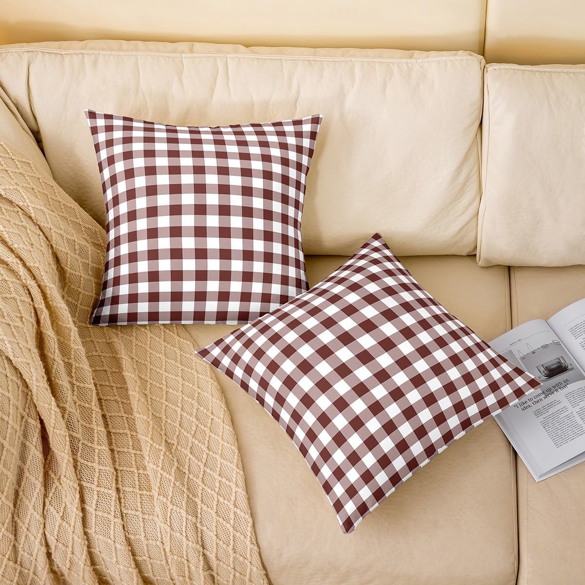 Brown and White Double Sides Print Pillow Covers 22"x 22",Vintage Grid Checkered Soft Square Cushion Cases,Gingham Plaid Print Abstract Style Throw Pillowcases for Decoratons Set of 2