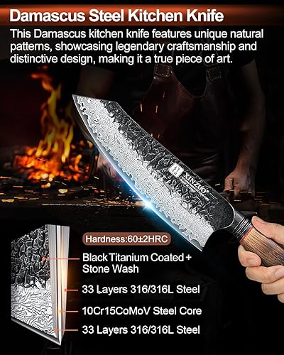 Miniatura 2 de XINZUO Cuchillo Santoku de Damasco afilado de 7.6 pulgadas, cuchillo profesional de 67 capas de acero de Damasco para carne para el hogar y la