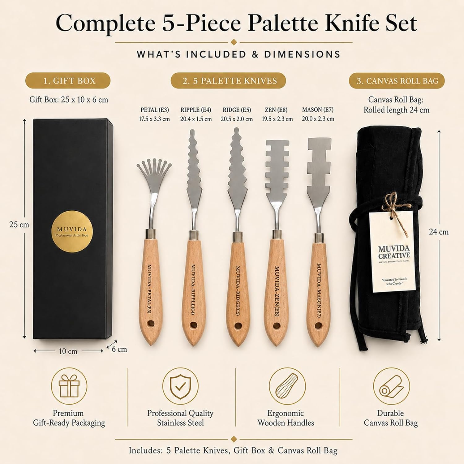 Creative 5-Piece 3D Texture Palette Knife Set with Canvas Roll Bag & Gift Box, Stainless Steel Painting Knives for Acrylic, Oil & Impasto Art