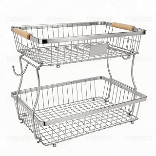 Fruit Basket Bowl 2 Tier Detachable with 2 Banana Hangers, Fruit Stand Holder for Kitchen Countertop, Metal Wire Vegetable Storage Organizer, for Bread Snack Veggies Produce, Chrome