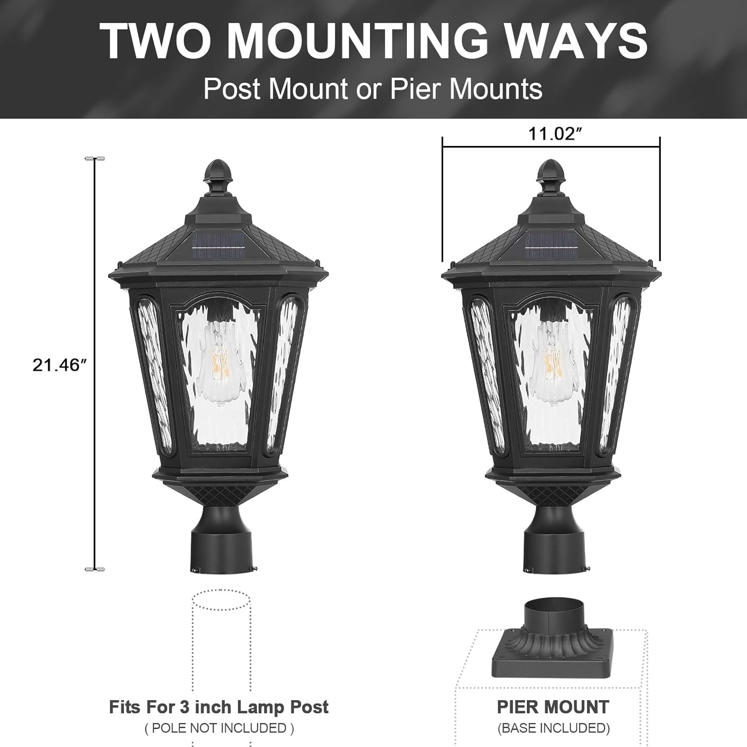 Black Solar Outdoor Post Light Fixture 21 inches Large Dusk to Dawn LED Pole Lamp Waterproof Exterior Pillar Lantern Post Lighting Remote Control for Pathway Garden Patio Gargae