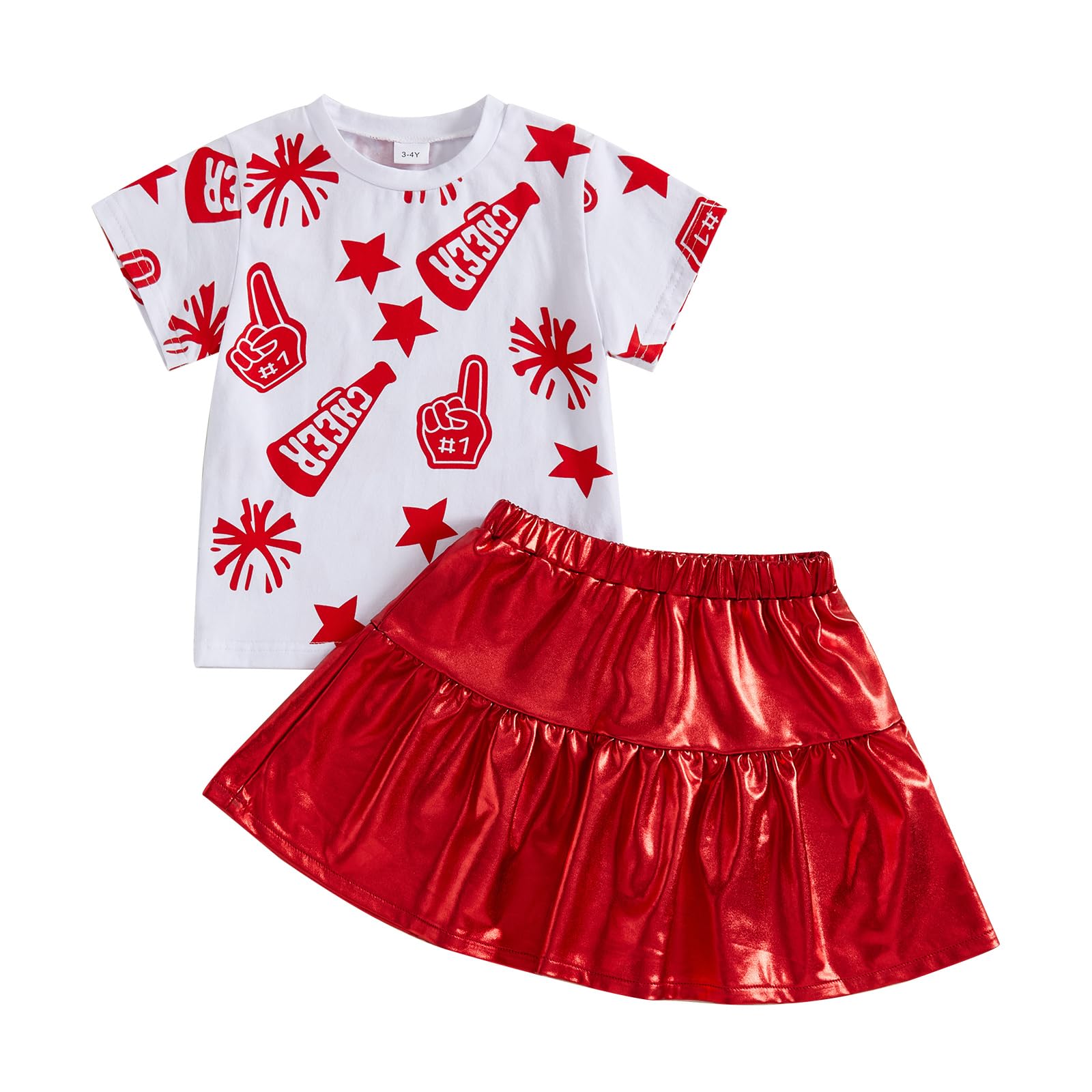 Toddler Girl Summer Outfit Star Print Short Sleeve Round Neck Tops with Red Mini A Line Skirt 2Pcs Baby Cute Set (Red, 6-7 Years)