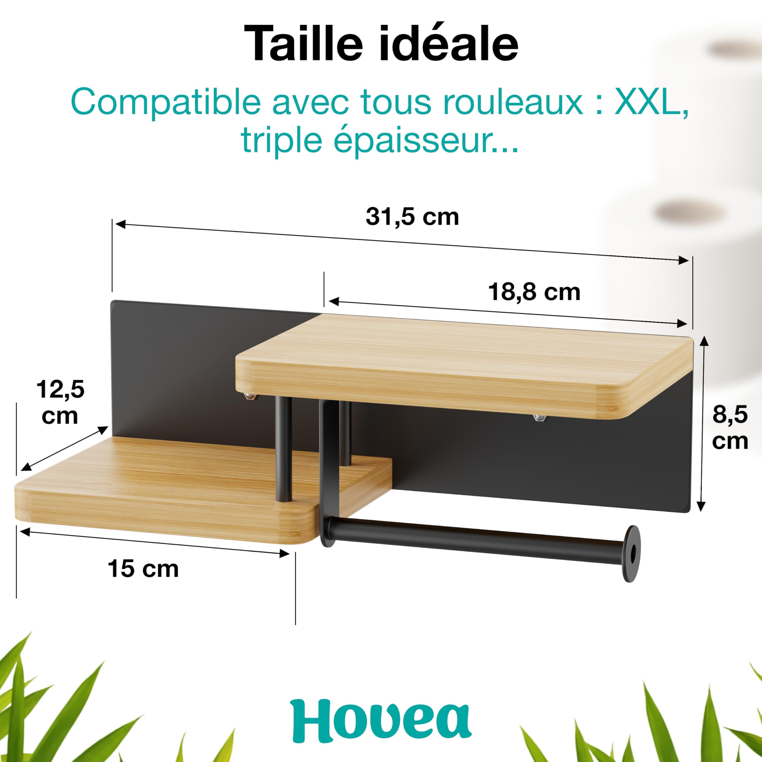 Support Papier Toilette Mural - avec ou sans Perçage - Porte-Papier Toilette en Bois & Métal - Distributeur Rouleau Papier WC PQ - Noir & Bambou - PPT130