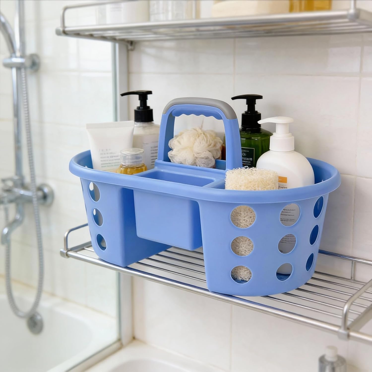 SIMPLYKLEEN Large Shower Caddy Portable 2PC - Made in USA Plastic Jumbo Size Dorm Storage Candy Tote with Handle Shower Organizer for Bathroom, Pantry, Kitchen, College Dorm, Red/Periwinkle