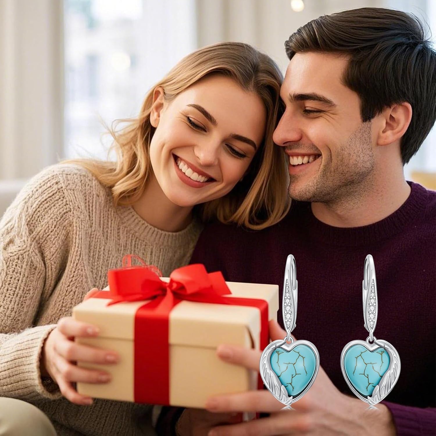 Turquoise Feather Earrings for Women 925 Sterling Silver Natural Turquoise Heart Earrings Jewelry Gifts for Mom Wife - Image 6