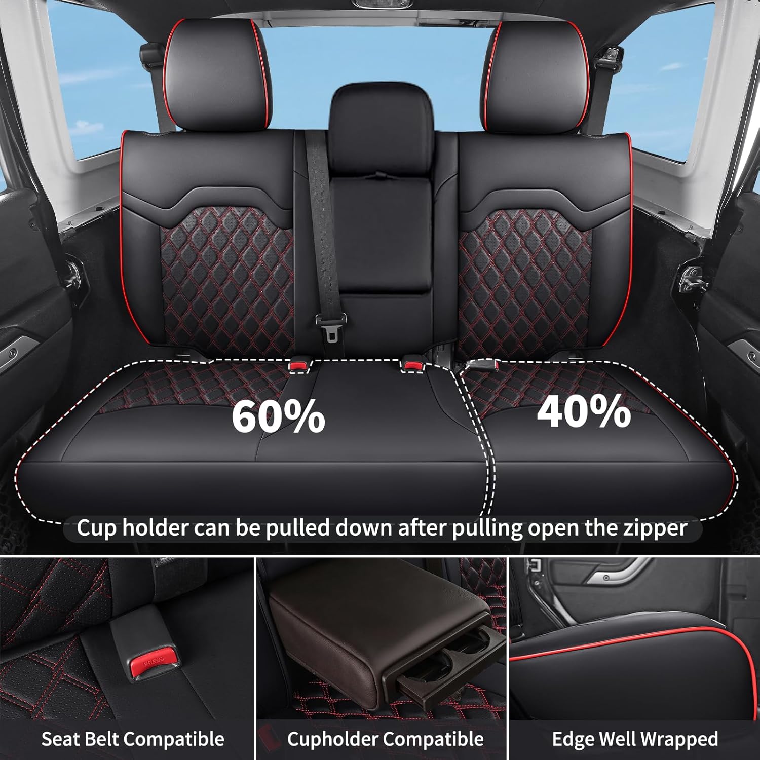 Huidasource Seat Covers for Jeep Wrangler JL 2018-2025, Cupholder Compatible, Waterproof Leather Seat Cover Full Set for Jeep Wrangler JL 4-Door, Custom Fit Seat Cushion Covers (Full Set/Black&Red)