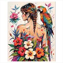 Parrot and Hibiscus Flowers Woman Portrait Paint by Numbers Kit for Adults - Birds and Flowers Painting on Canvas 16x20, Paint Set, Suitable for Beginners, Art for Home Decoration or Gifts, Unframed