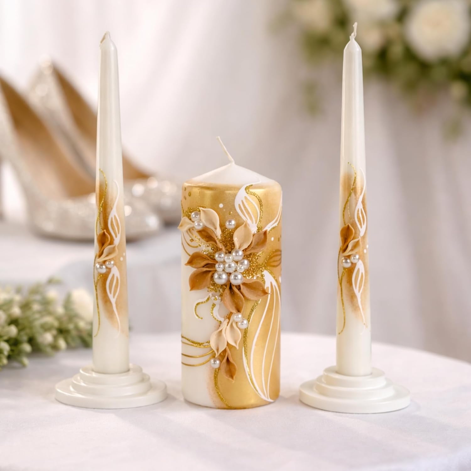 Unity Candle Set - Wedding Ceremony & Reception – 6” Pillar & Two 10” Taper Candles – Long Burning Unity Candles for Marriage Ritual – Handmade in USA – White | Gold