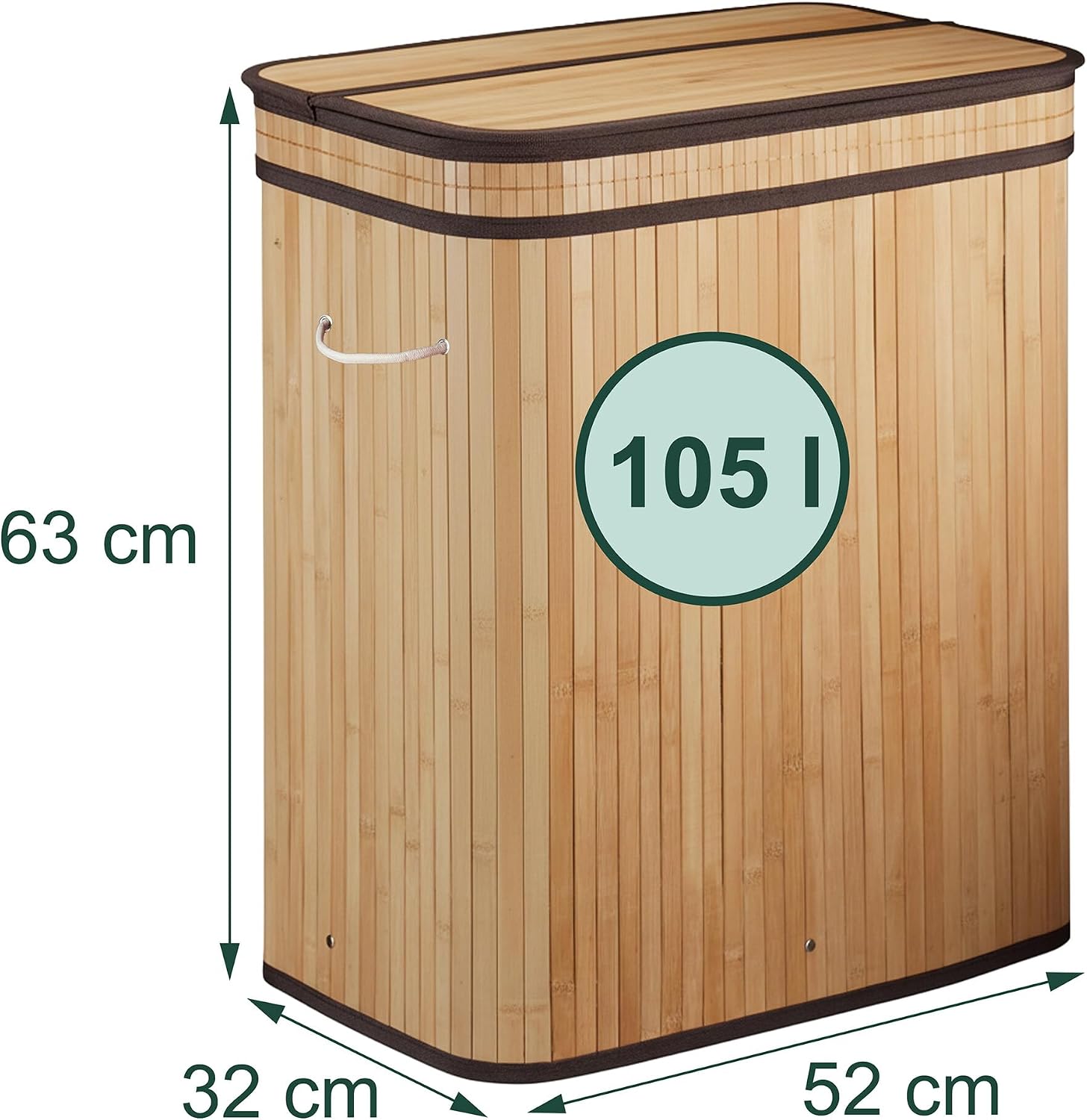Relaxdays Laundry Basket with Lid, 3 Compartments, Bamboo, 105 L, Foldable, H x W x D: 63 x 52 x 32 cm, Laundry Sorting System, Natural