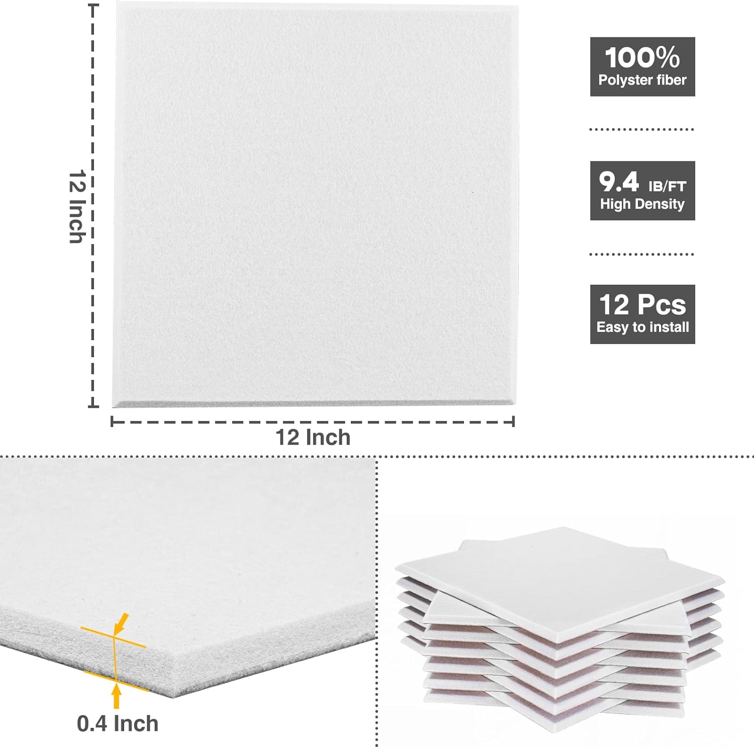 12 Pack Square Acoustic Panels Self-Adhesive, High Density Sound Proofing Panels for Walls, Sound Deadening Insulation Treatment Sound Absorbing for Studio, Office, Home, 30x30x0.9cm White