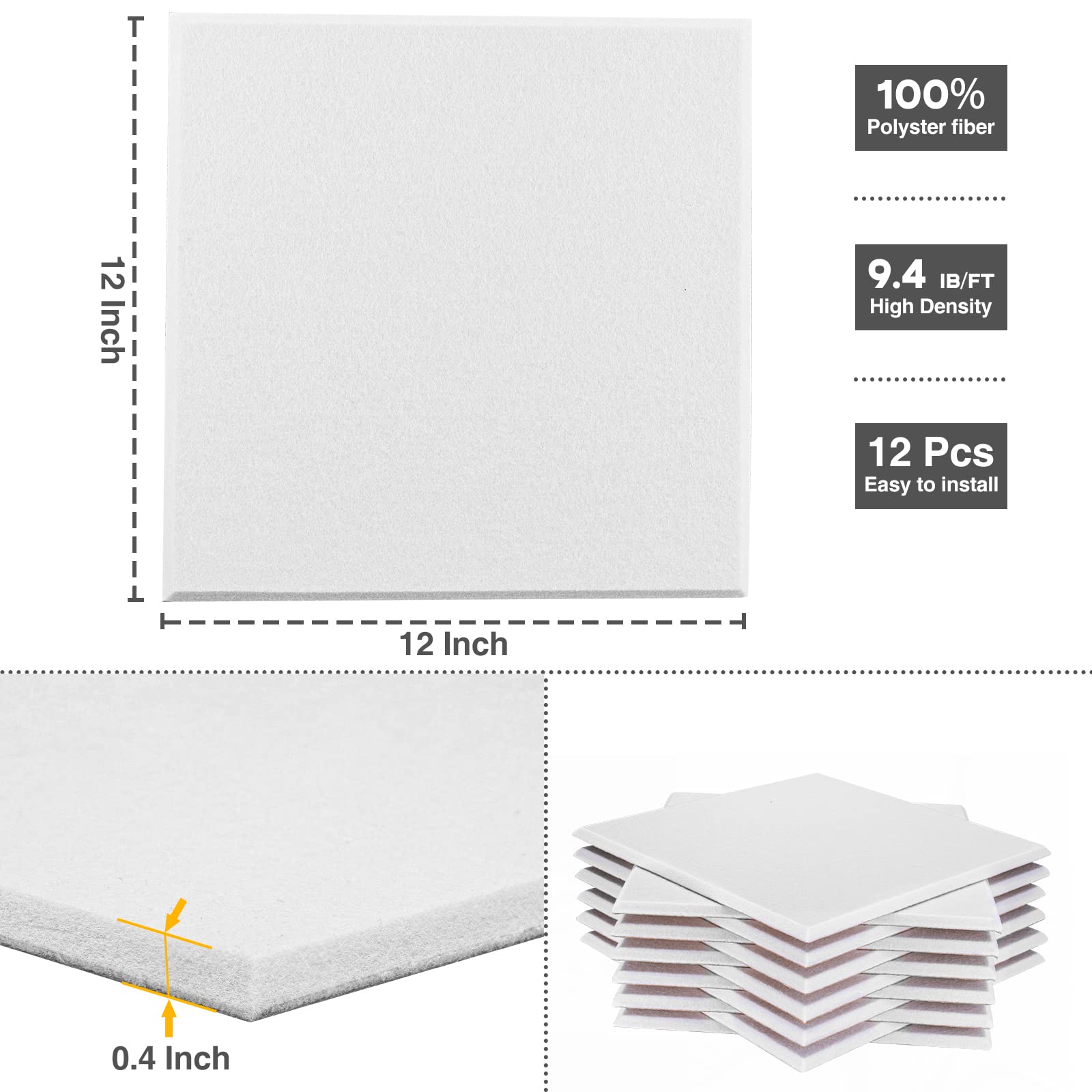 Akustikpaneele selbstklebend quadratisch 12St. JAMELO Akustikplatten aus Polyester zur Schalldämmung, 30 x 30 x 1 cm Schallabsorber Schallschutz für die Wand Decke Tür vom Studio Büro Weiß