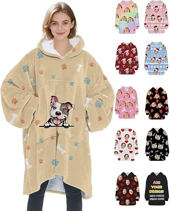 Custom Blanket Hoodie with Photo Wearable Blanket Personalized Comfy Hoodies Customized Gifts for Christmas Women Kids Men