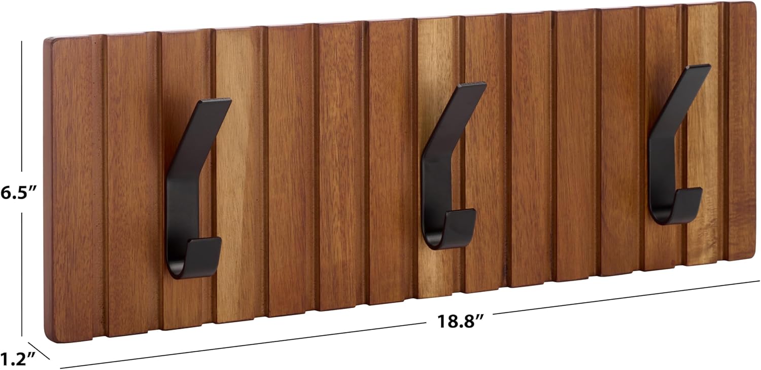 SAFAVIEH Home Collection - Fraizer Brown Wall-Mounted Coat Rack, 3 Black Iron Hooks, Acacia Wood Veneer (STG5000A)