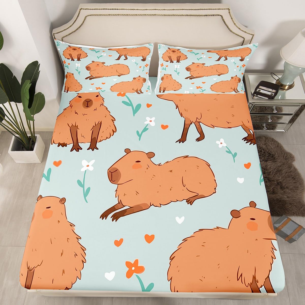 Loussiesd Juego de sábanas Capybaras florales para niños, sábanas Capybara de dibujos animados con bolsillo profundo, juego de ropa de cama Capybara marrón con 2 fundas de almohada doble