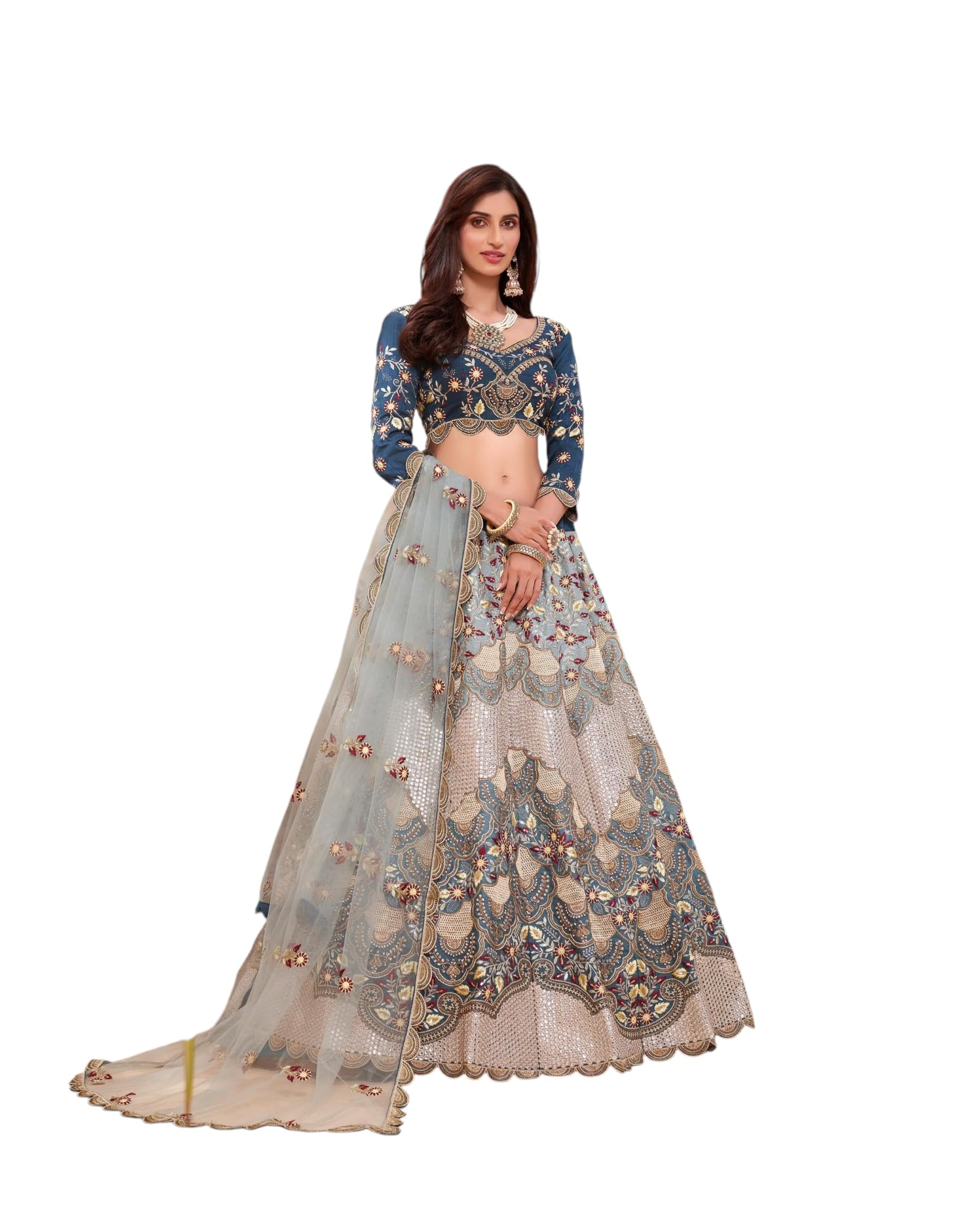 Designer Lehenga Choli with Net Dupatta, Blue and Grey Embroidered, Traditional dress for women and girls-image-27