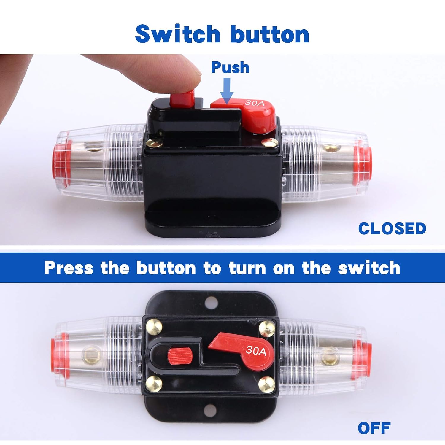 30 Amps Audio Inline Circuit Breaker Reset Fuse, 12V-24V DC Manual Reset Inline Fuse Holder for Car Marine Trolling Motors Audio, Stereo Switch and Solar Inverter System Protection 30A 2 Pcs
