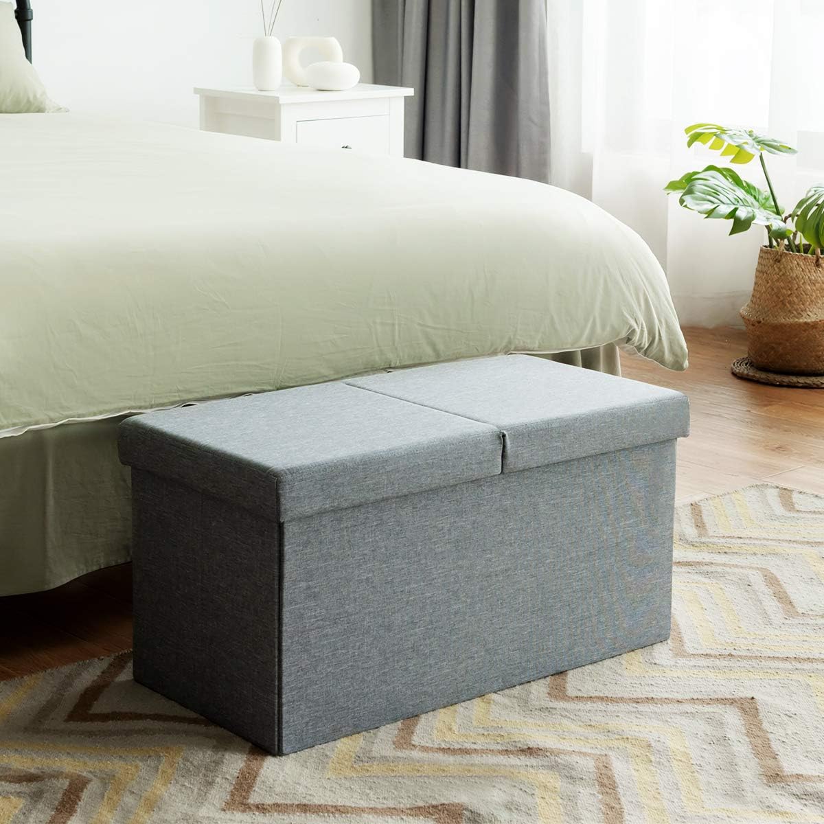 Giantex Folding Storage Ottoman 30 Inches W/Lift Top, 80L Large Storage Space and Padded Seat Bed End Bench Chest for Living Room Bedroom Hallway Entryway Fabric Shoe Bench Footrest (Sliver)